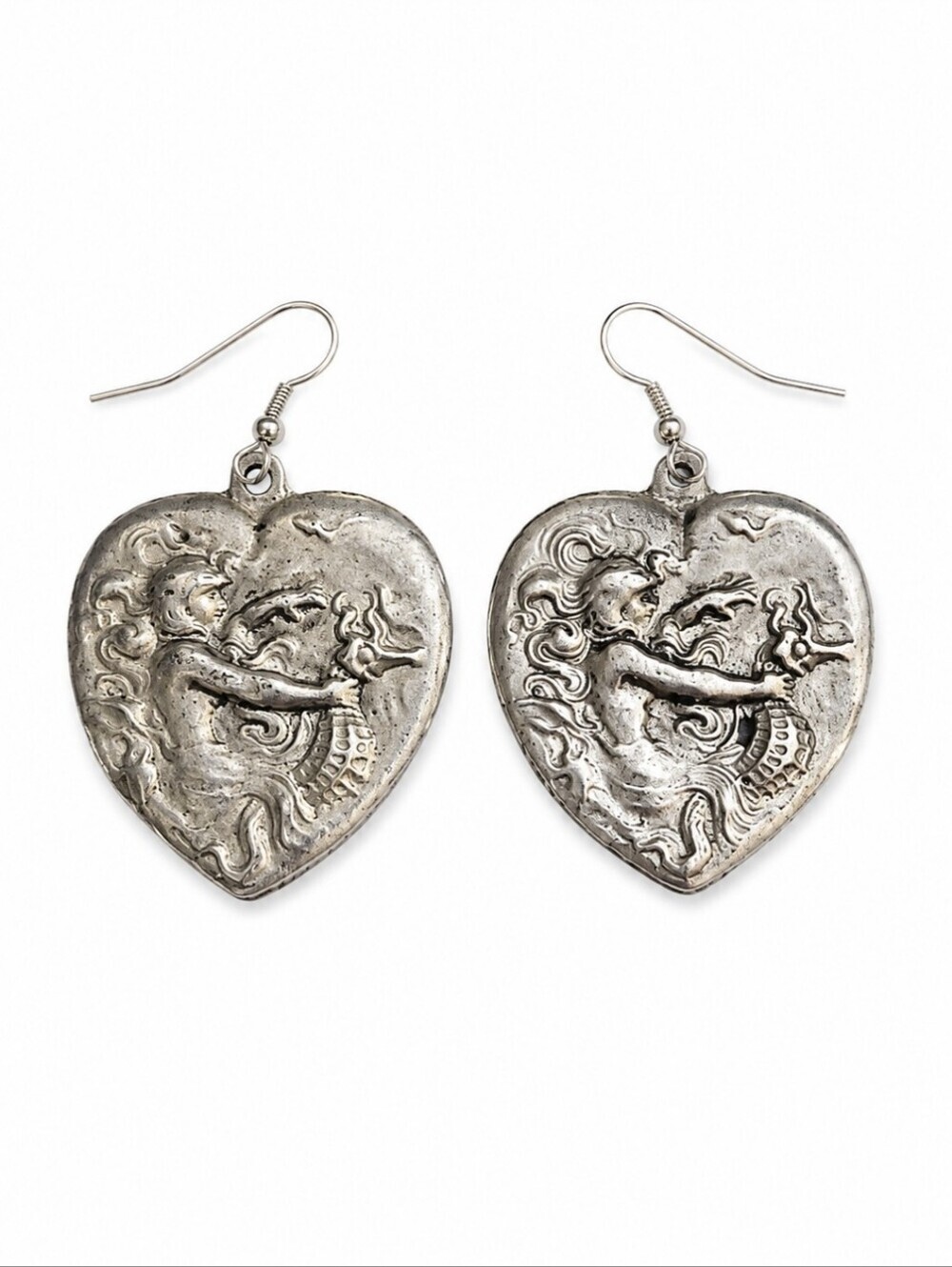 Vtg Pewter Goddess Mermaid Seahorse Fantasy Heart Dangle Hook Earrings